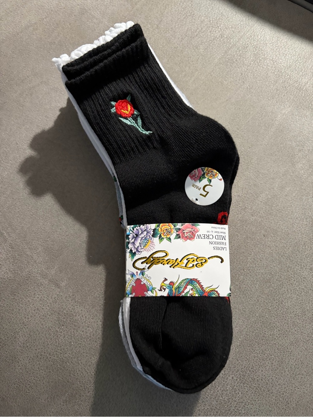 Black Floral Embroidered Crew Socks - Ladies Fashion